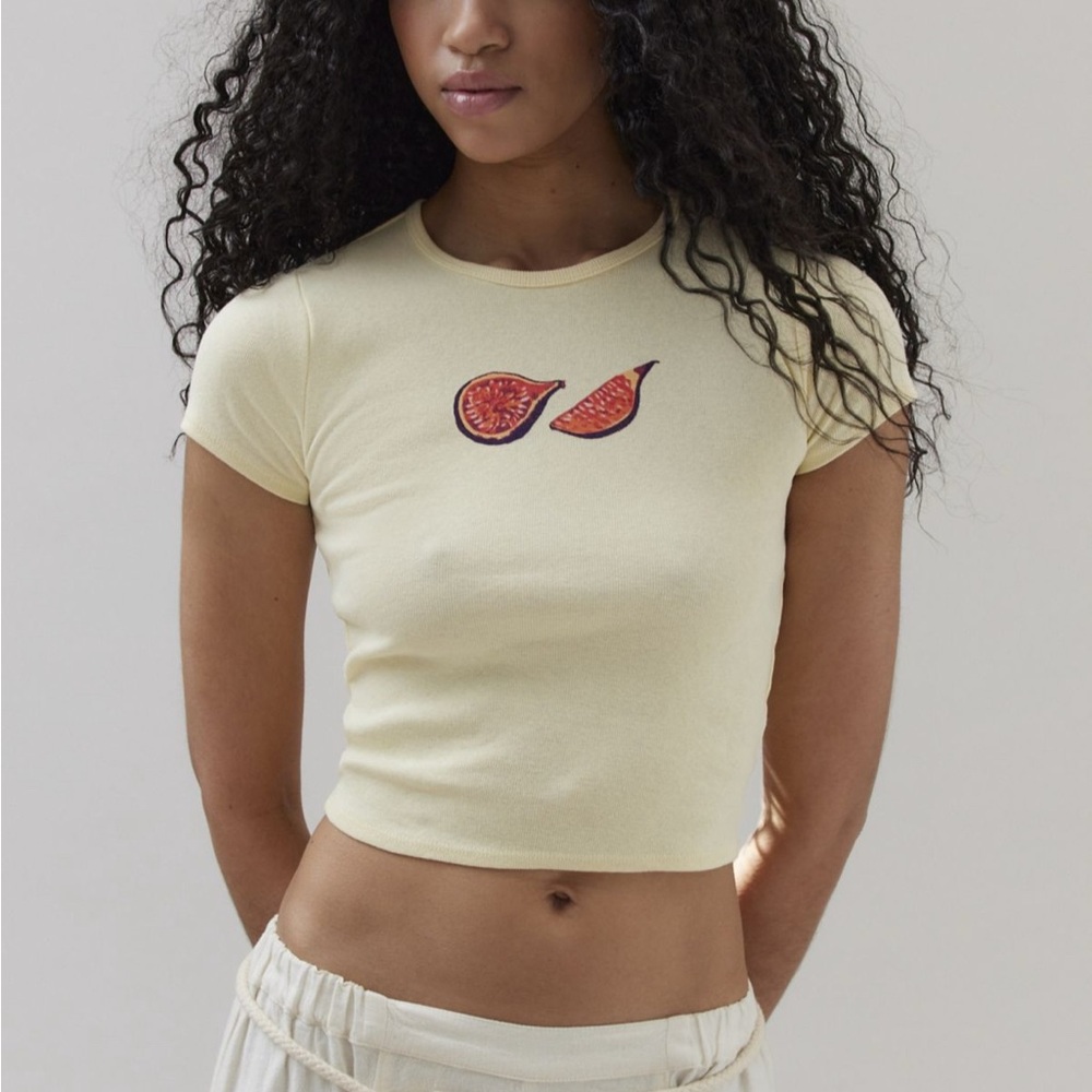 BDG Cream Fig Embroidered Short Sleeve Crop Top